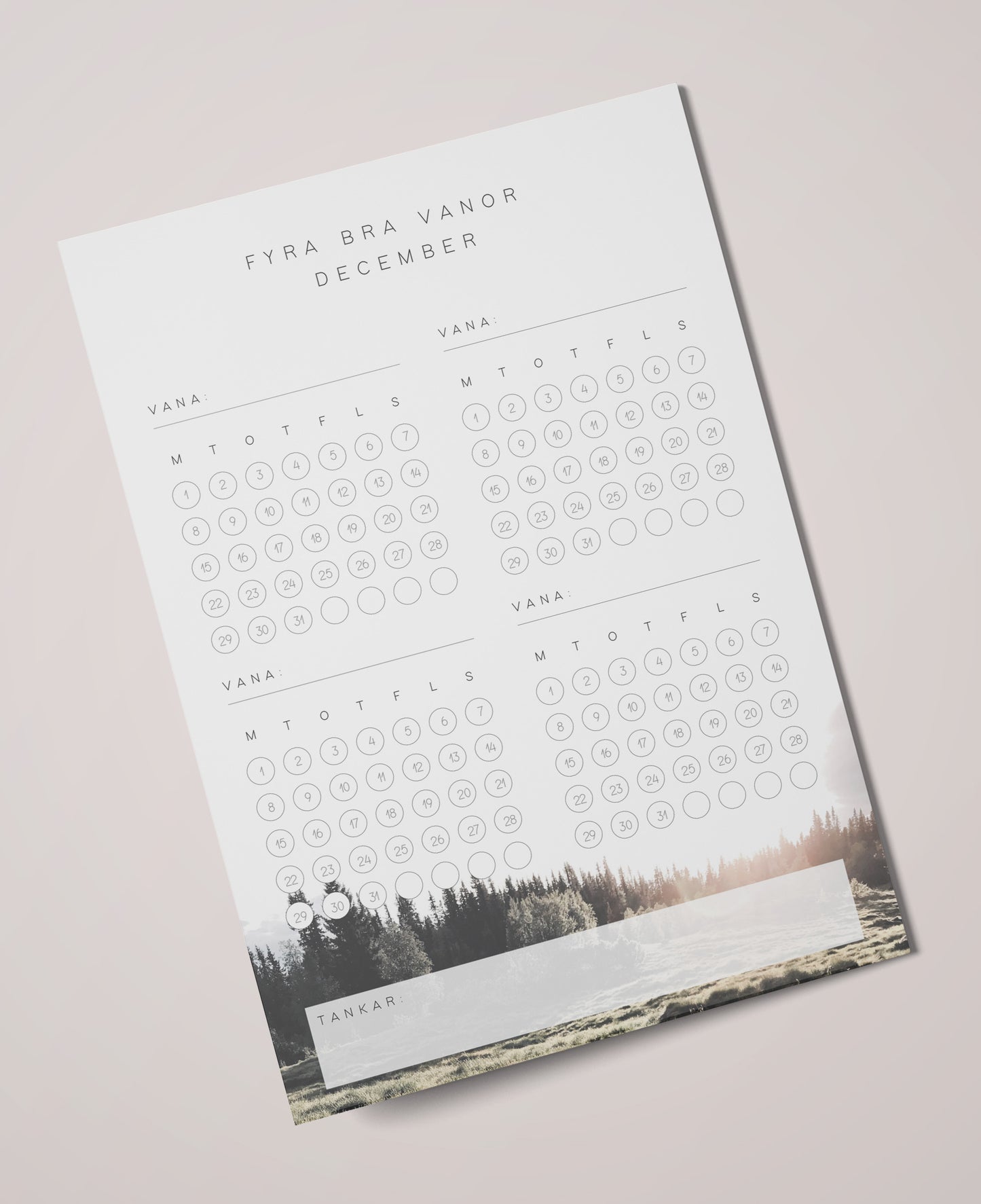 Fyra bra vanor i December. Habit tracker. PDF-fil för egen utskrift