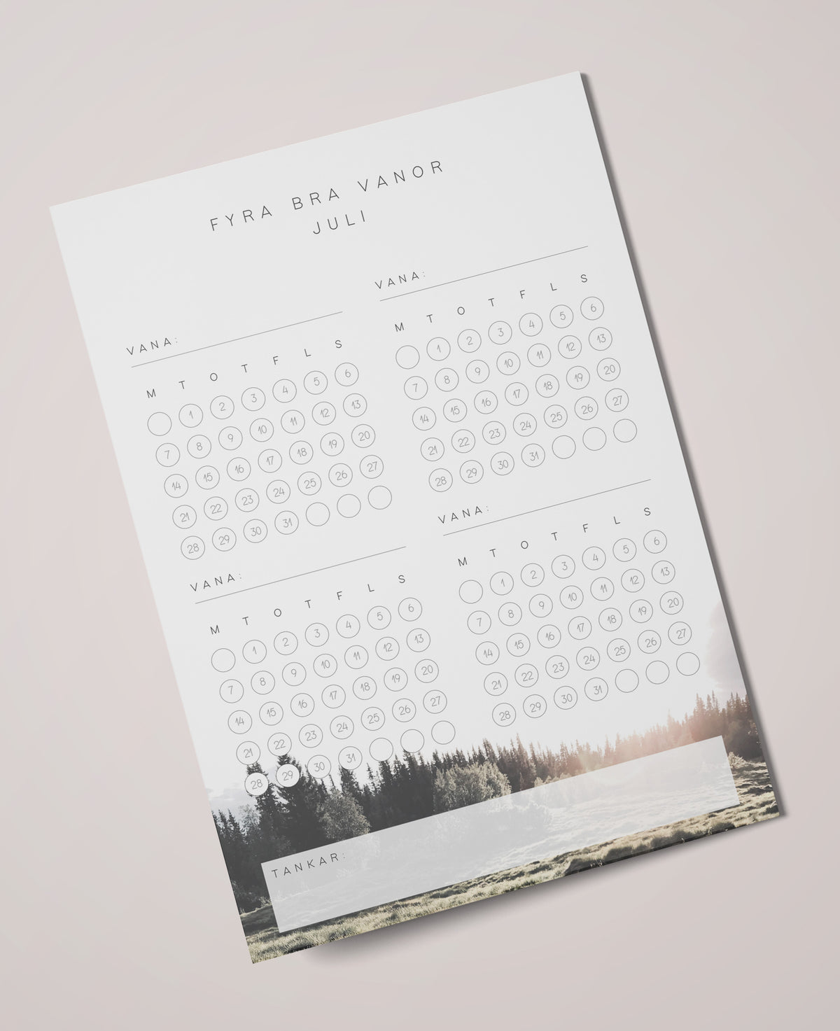 Fyra bra vanor i Juli. Habit tracker. PDF-fil för egen utskrift
