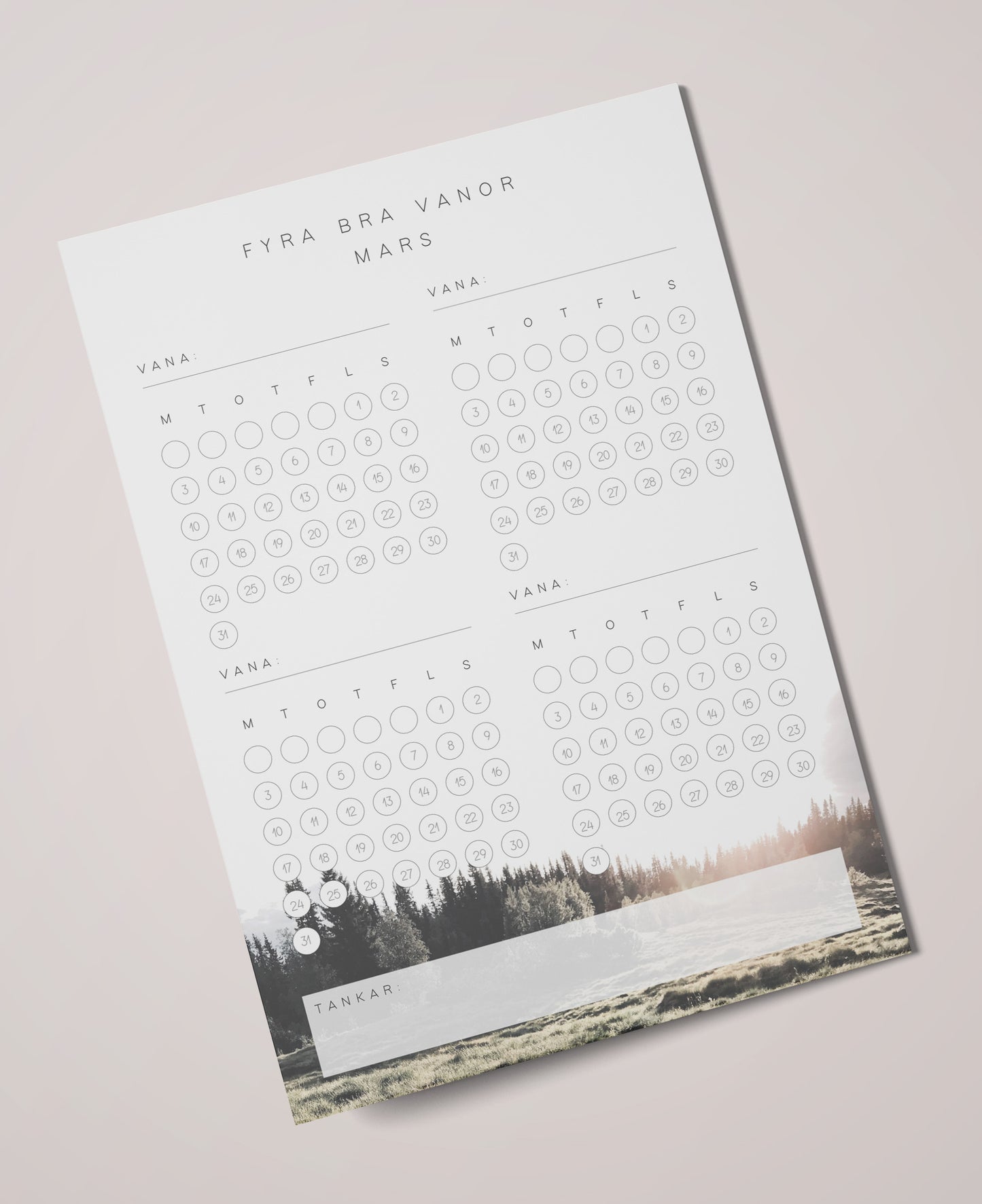 Fyra bra vanor i Mars. Habit tracker. PDF-fil för egen utskrift